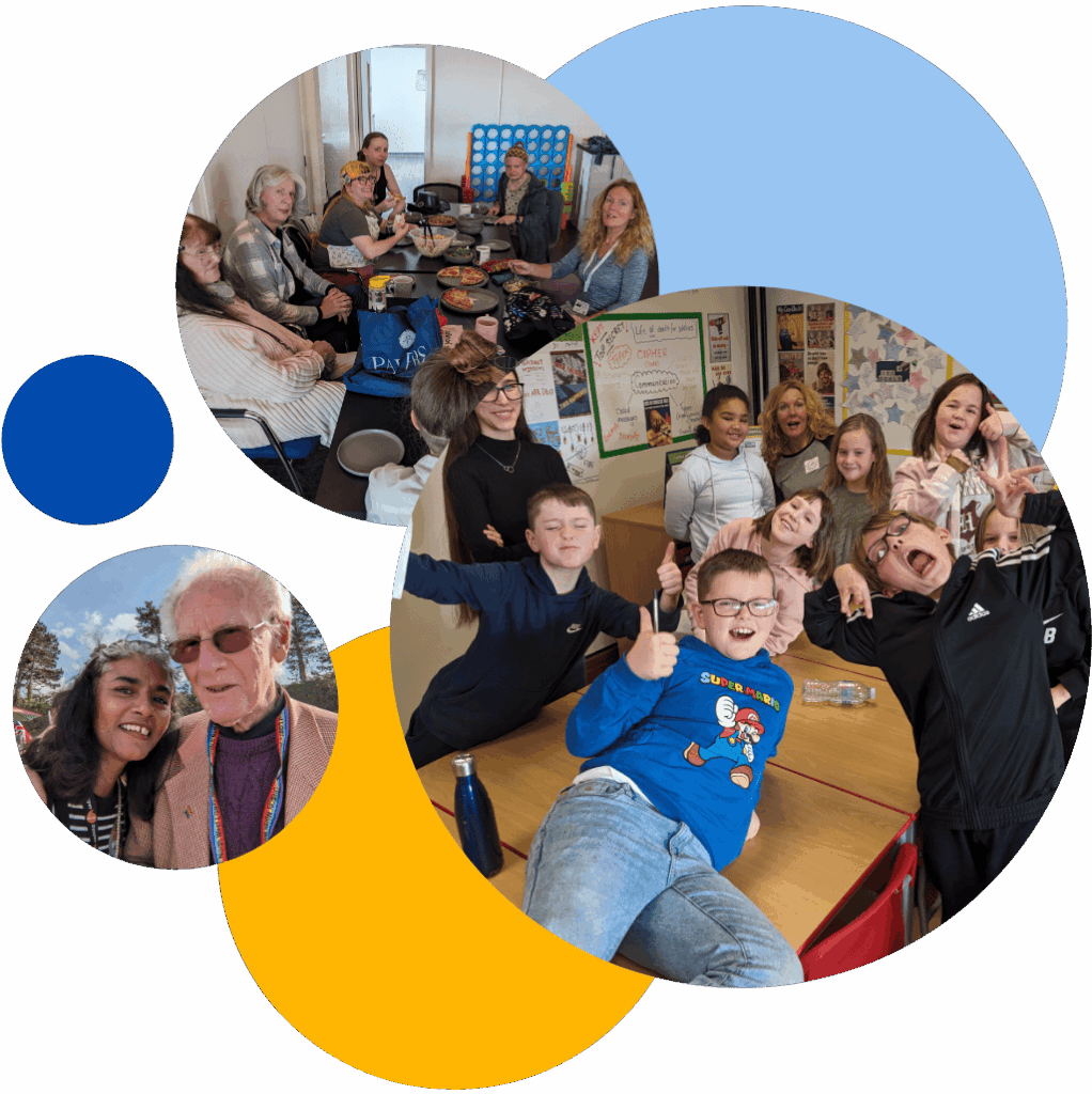 A collage of images of young and mindful members working with the community, smiling and enjoying what they do