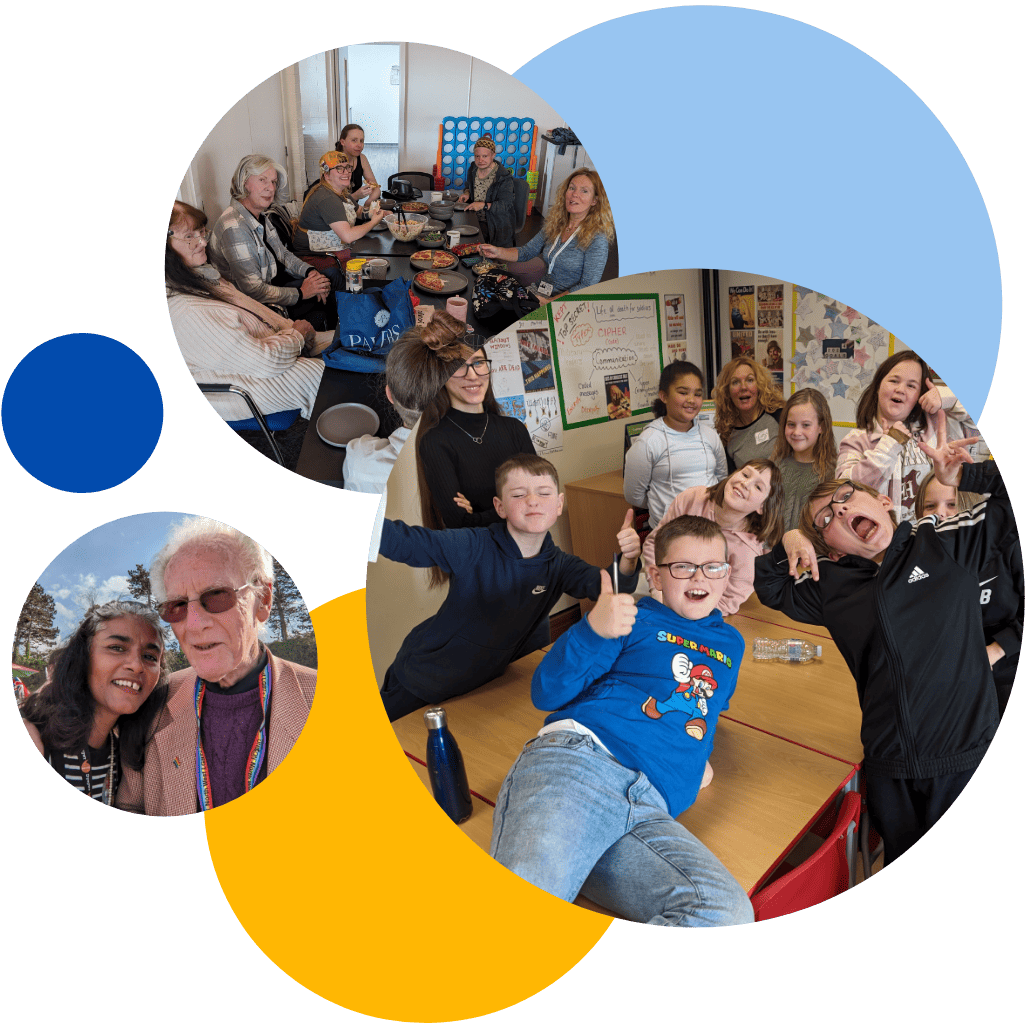 A collage of images of young and mindful members working with the community, smiling and enjoying what they do