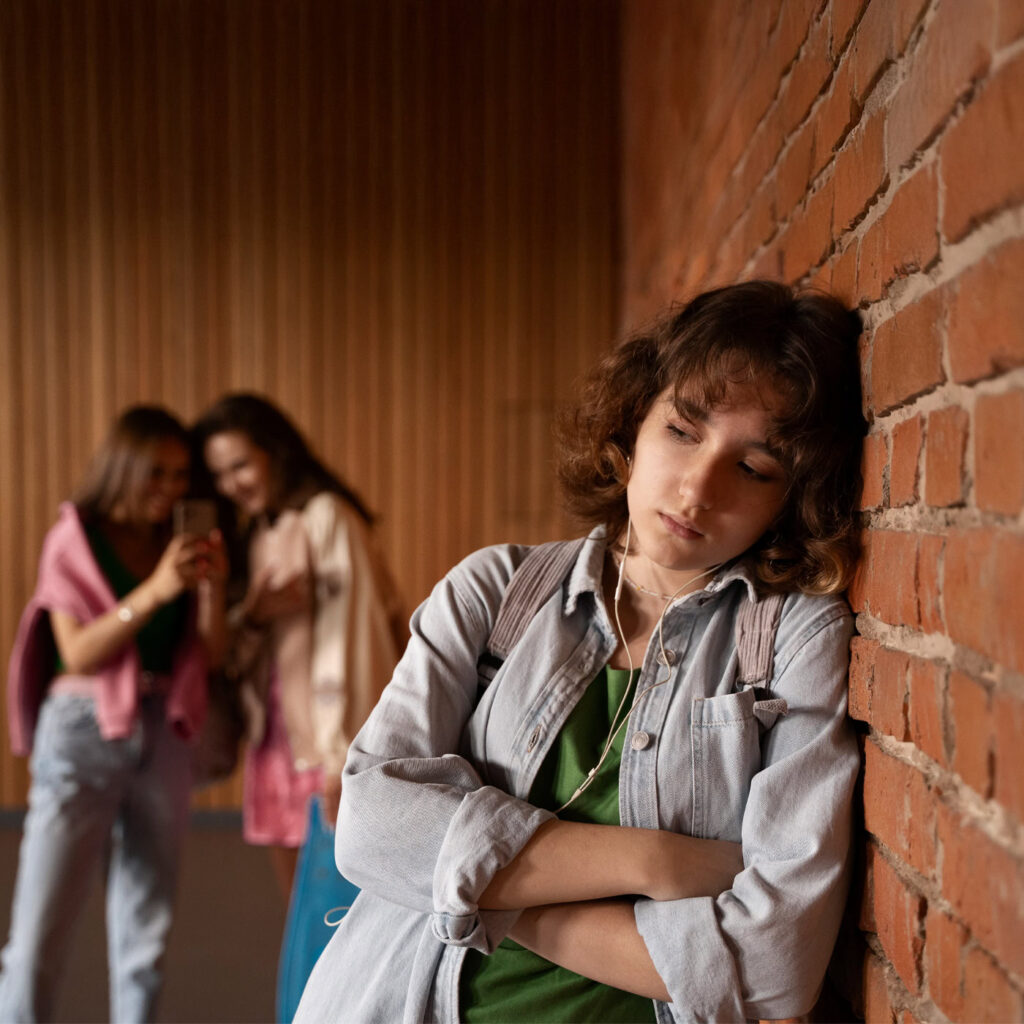 upset young girl with two other laughing girls in the background